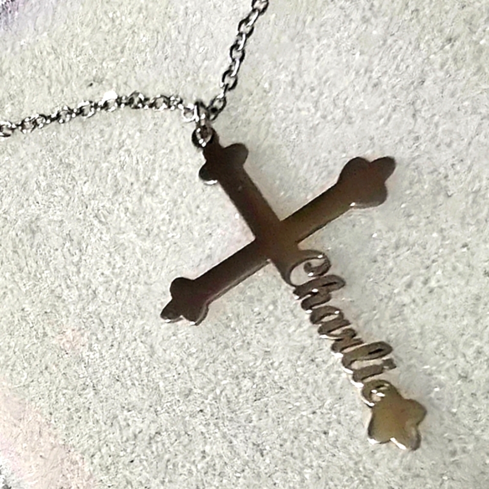 Stainless Steel Christian Cross Engraved "Charlie" Pendant Necklace Nameplate